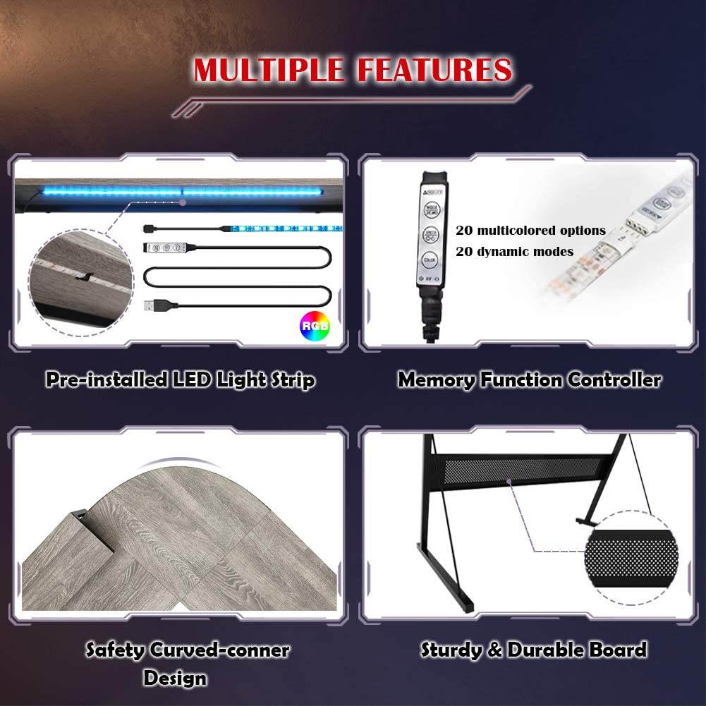 Bestier 55.2" Gaming Desk Racing Style PC Computer Desk L-Shaped Desk Corner Home Office Table with Ergonomic Monitor Stand & RGB Strip Light & Multifunctional Hook (Black Carbon Fiber)