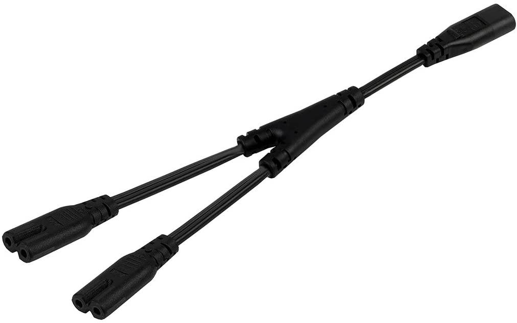 IEC 320 C8 to Dual C7 Y Split Power Cord, Figure 8 Male to Double Female 1-in-2 Out AC Power Cord, IEC320 C8 to 2X C7 Y Split AC Cord (C8 to 2XC7)