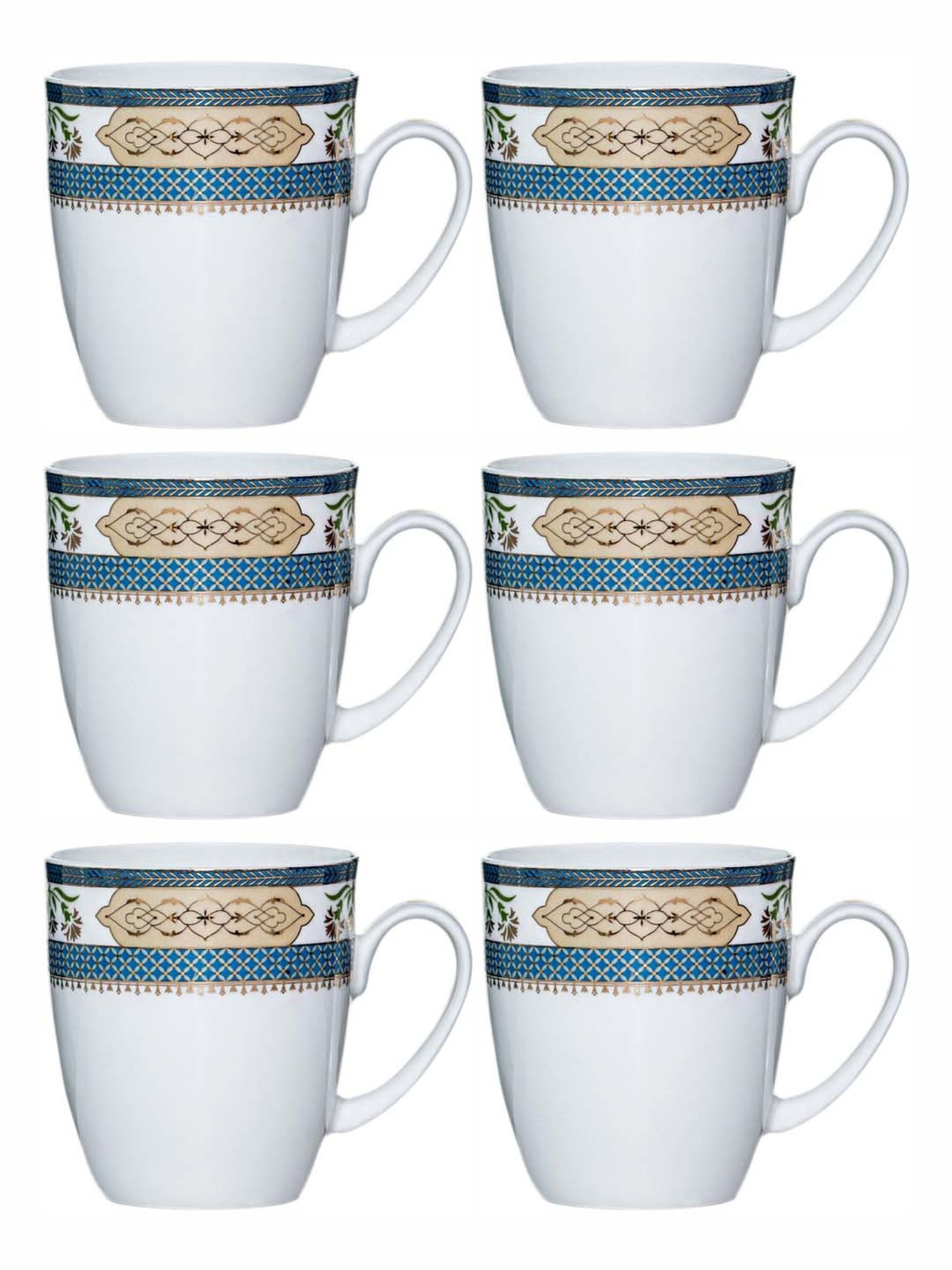 SONAKI White & Blue Bone China Tea Coffee Mug With Gold Printing - Set of 6