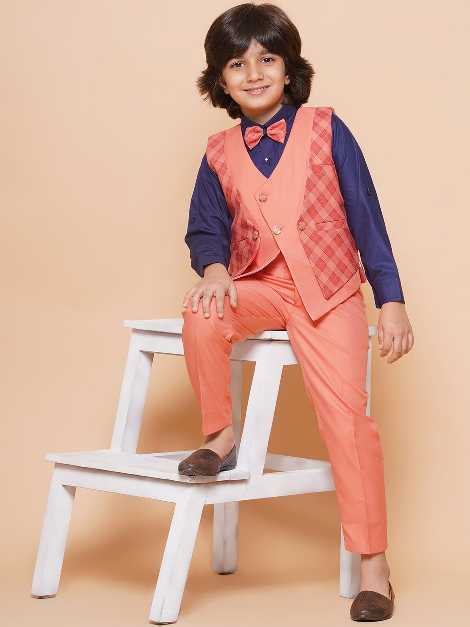 AJ Dezines Kids Peach & Navy Checks Full Sleeves Shirt, Pants, Waistcoat with Bow Tie