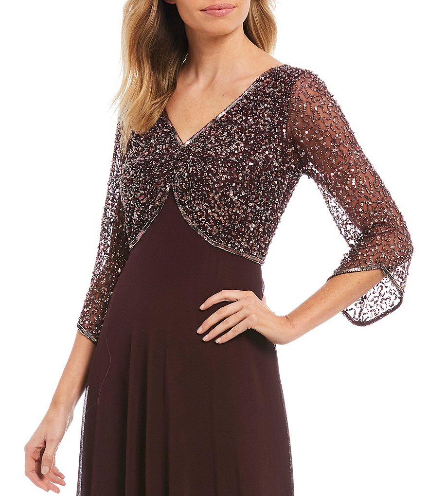 Jkara Petite Size V-Neck 3/4 Sleeve Beaded Bodice Gown