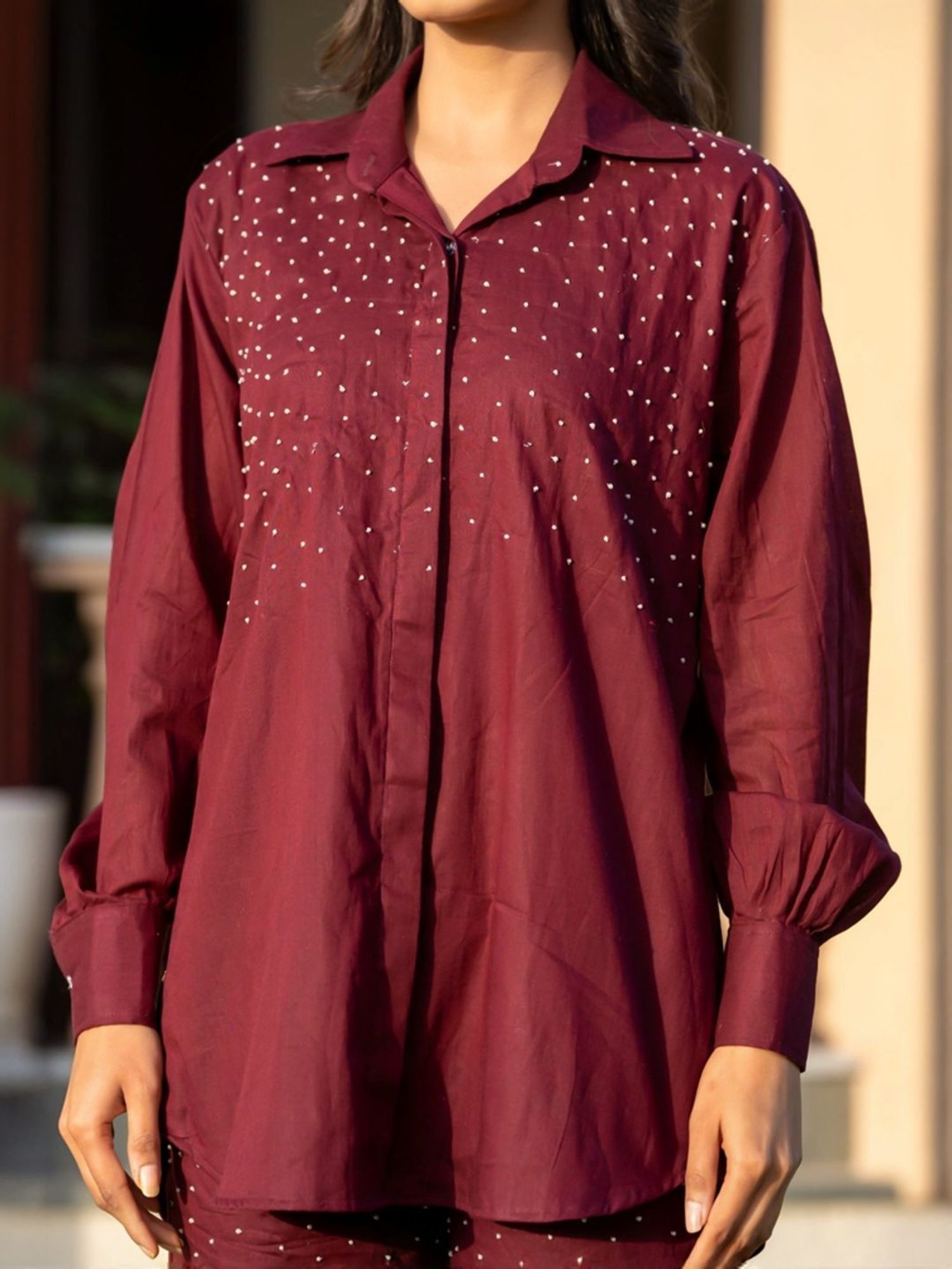 HOUSE OF JAMOTI Maroon Cotton Embellished Tunic Palazzo Set