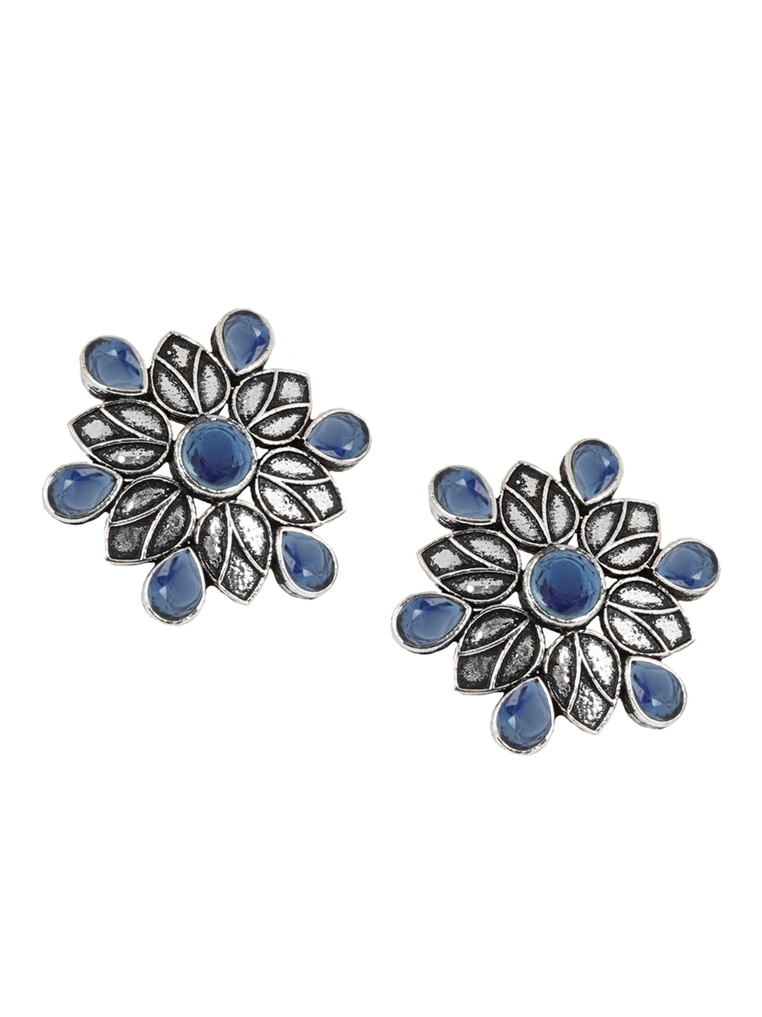 Teejh Ethnic Aashini Blue Stone Silver Oxidized Stud Earrings