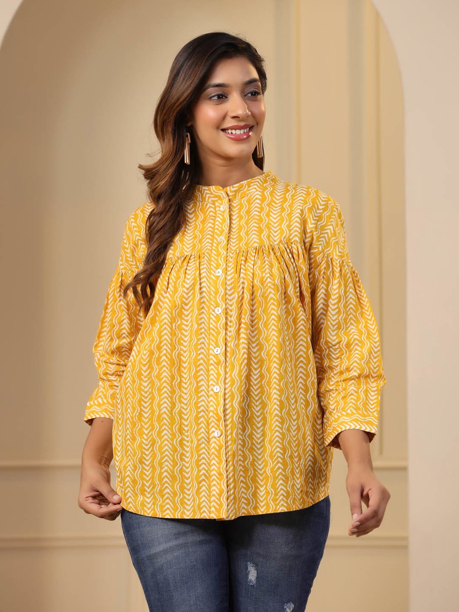 Jaipur Kurti Yellow Printed Top