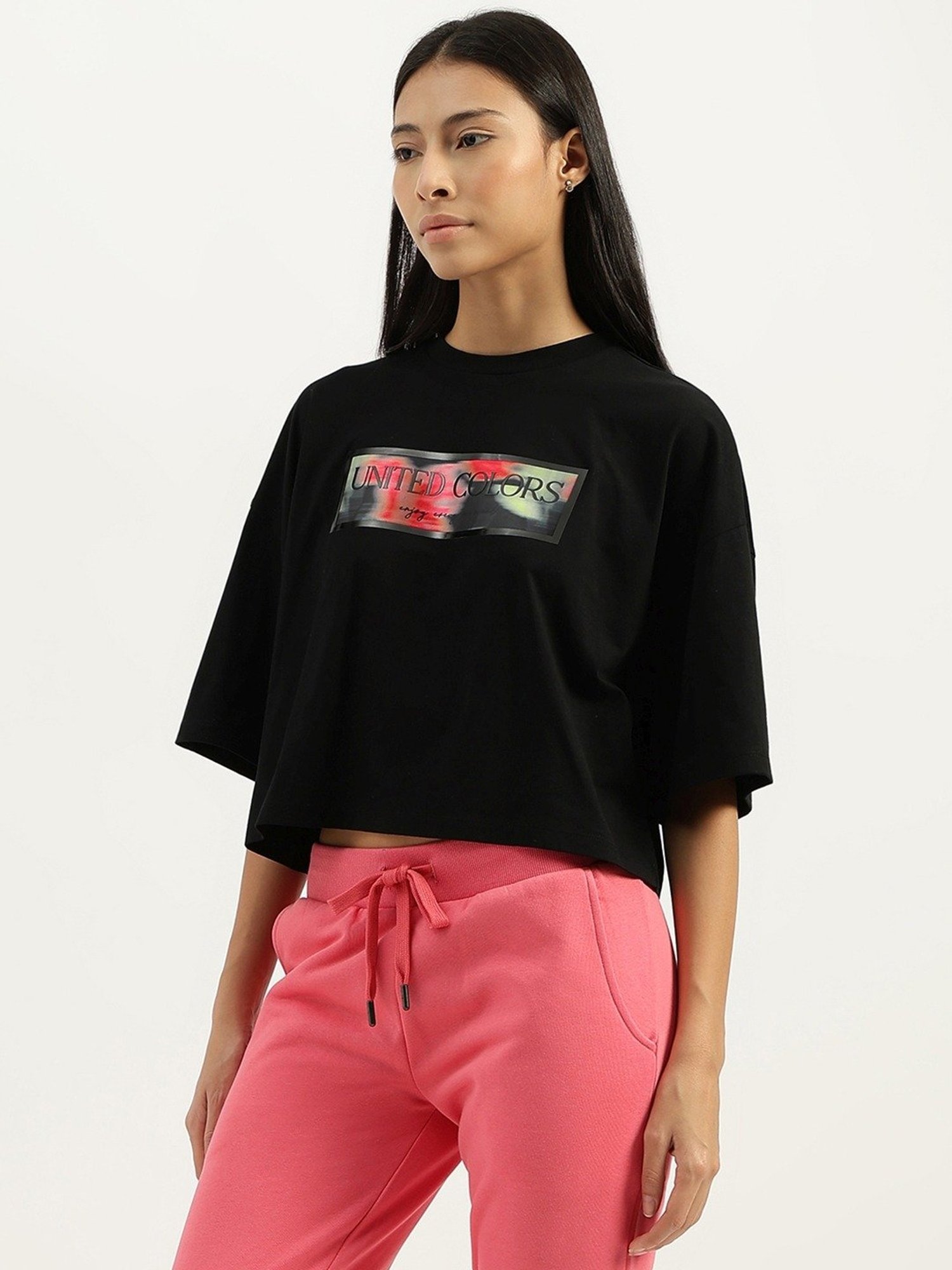 United Colors of Benetton Black Cotton Printed Crop T-Shirt