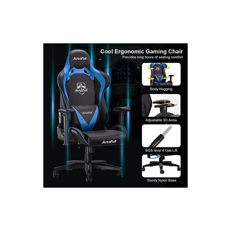 Gaming Chair Racing Office Ergonomic High-Back Computer Chair PU Leather Desk Chair with Headrest and Lumbar Support E-Sports Swivel Chair, Blue