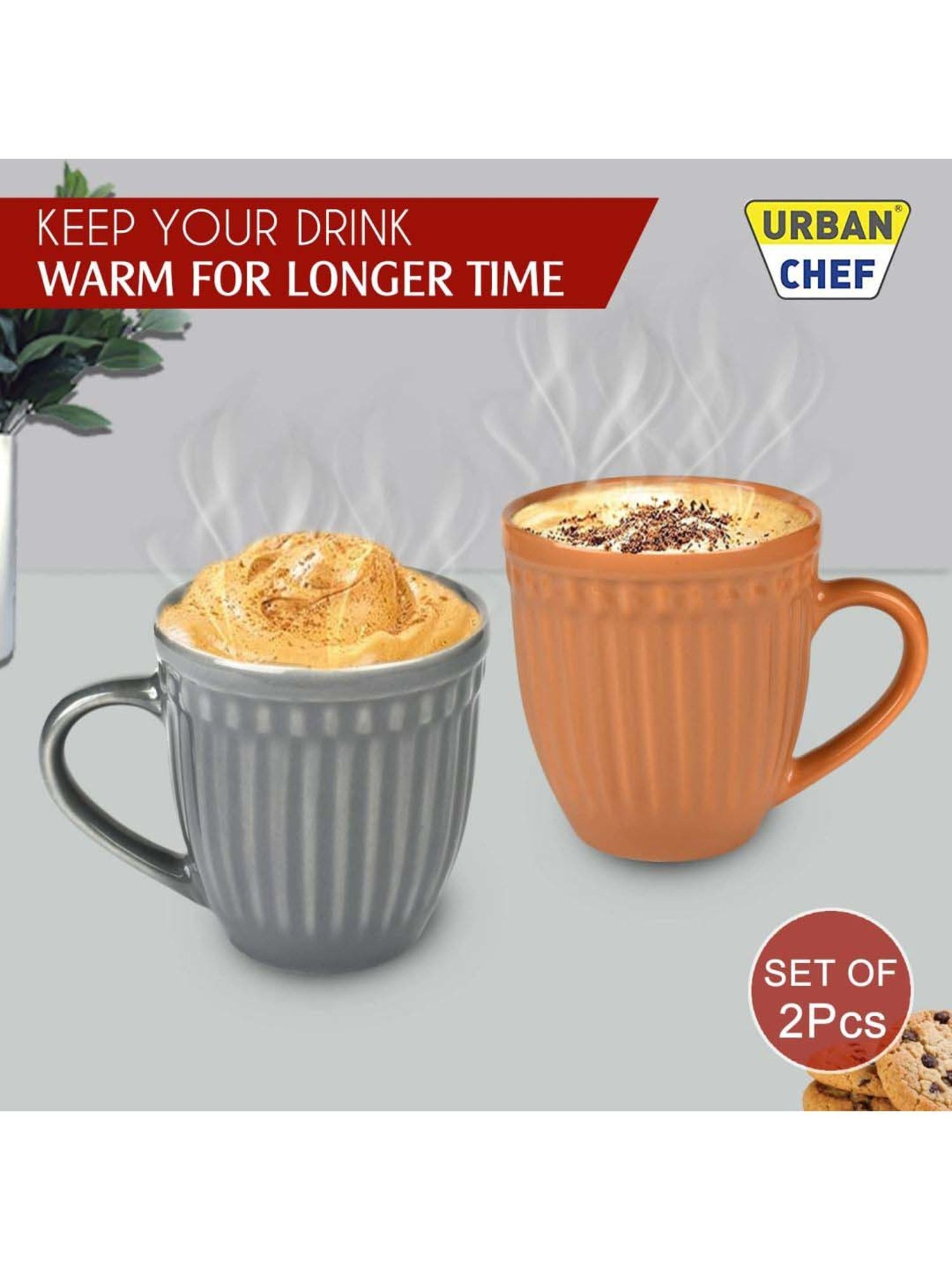 Urban Chef Grey & Brown Ceramic Handcrafted Microwave Safe Tea Cup - Set of 2