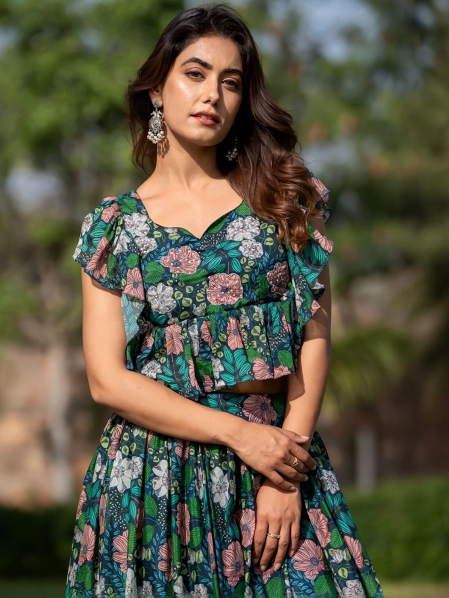 HOUSE OF JAMOTI Green Printed Crop Top Skirt Set