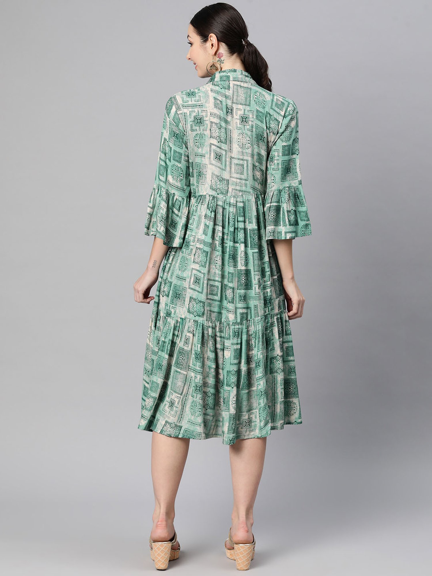 Indibelle Green Printed Ethnic Dress