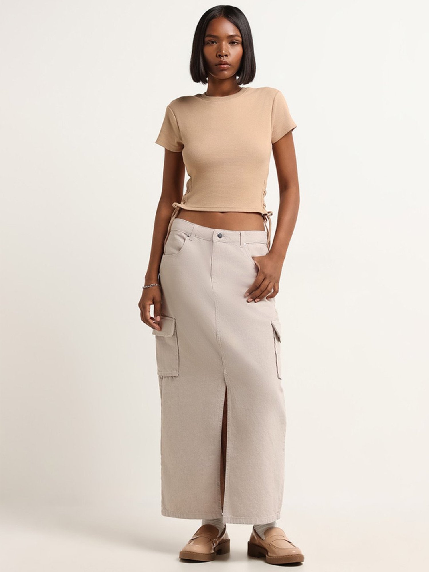 Nuon by Westside Beige Ribbed T-Shirt