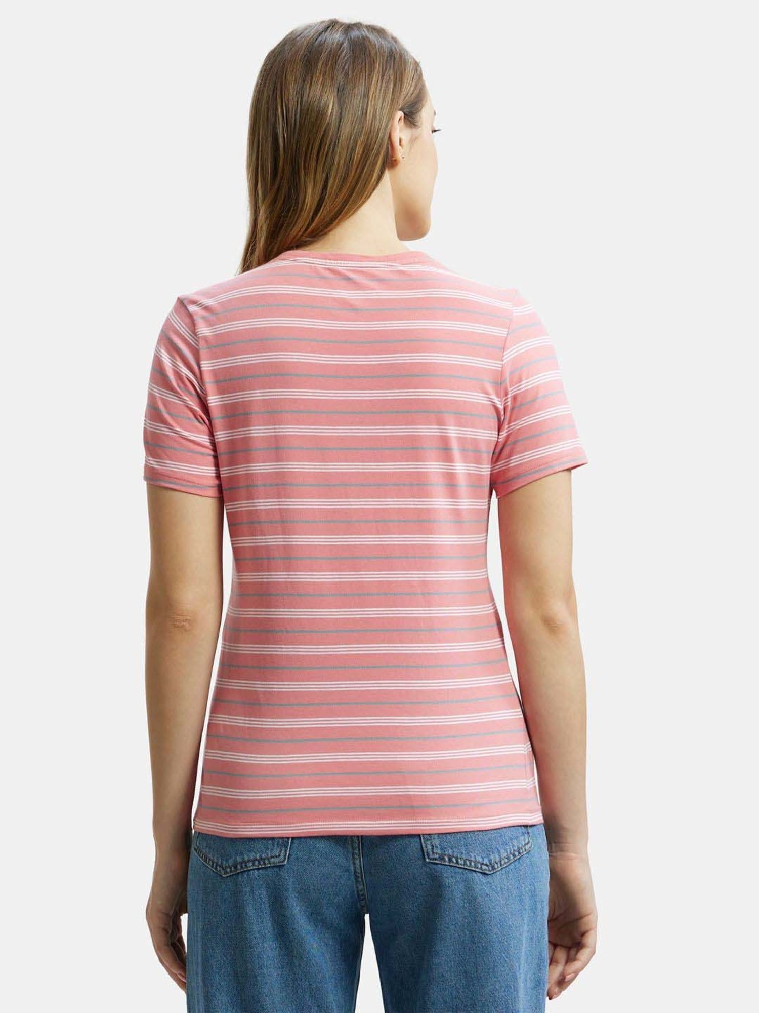 Jockey AW22 Women's Super Combed Cotton Elastane Regular Fit Striped V Neck Half Sleeve T-Shirt