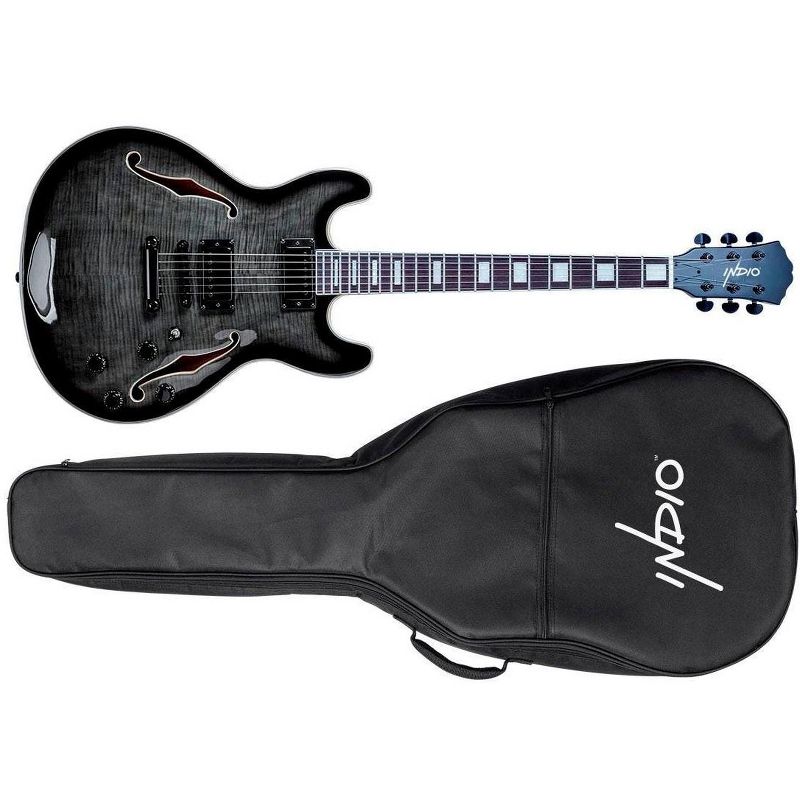 Monoprice Indio Boardwalk Flamed Maple Hollow Body Electric Guitar - Charcoal, With Gig Bag