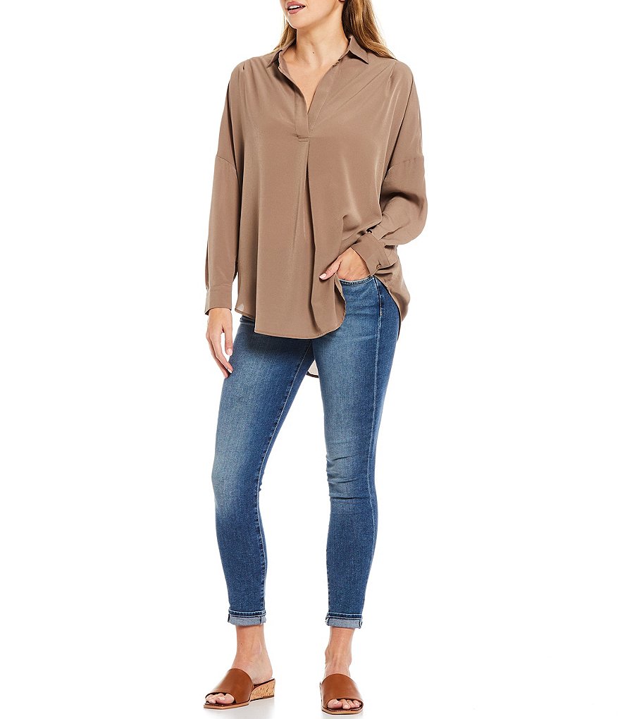 French Connection Rhodes Crepe de Chine Point Collar Long Sleeve Popover Shirt