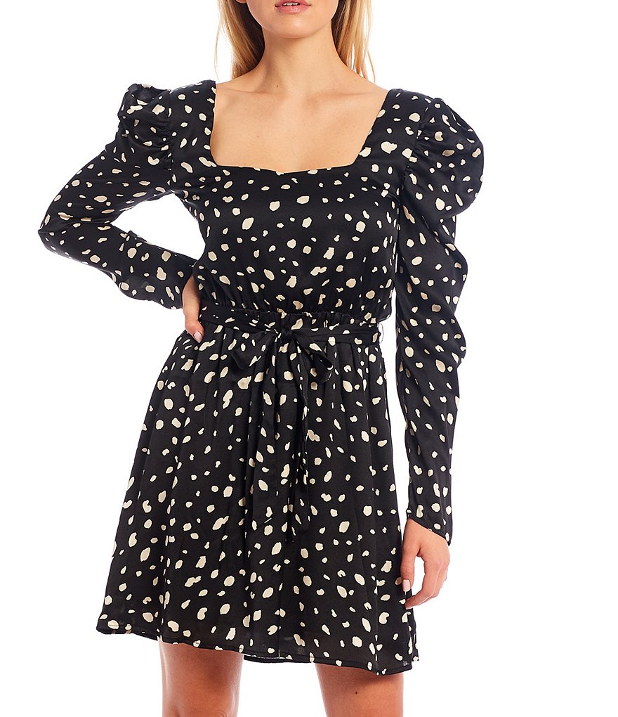 Sugarlips Benita Dot Print Satin Puff Sleeve Square Neck Dress