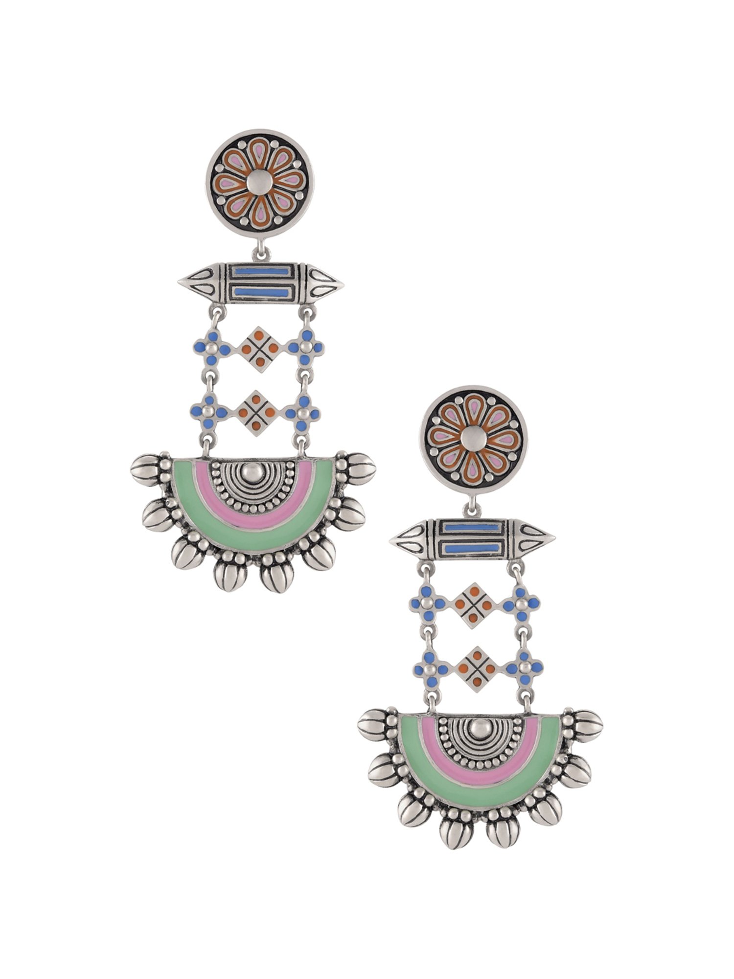 Tribe Amrapali Multi Enamel Chandrika Floral Taveez Half Moon Danglers