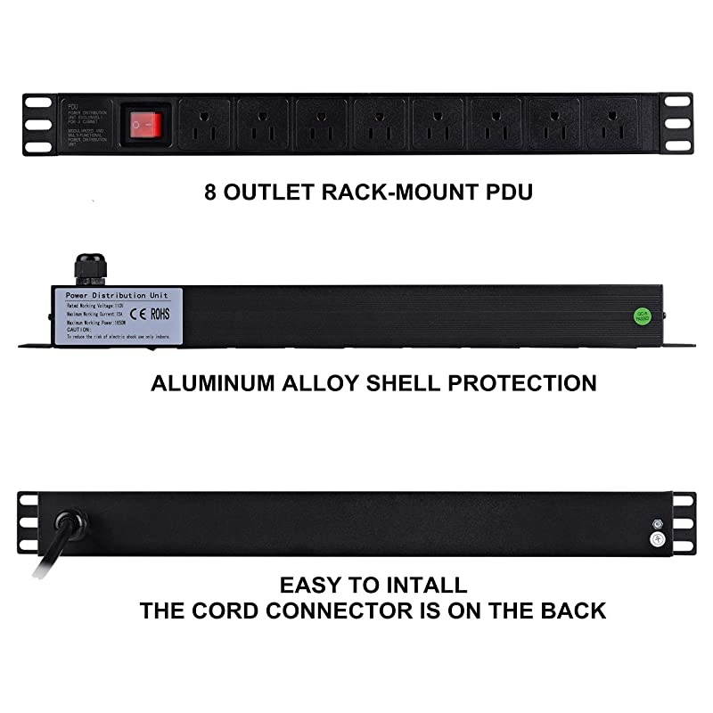 Power Strip Surge Protector RackMount PDU 8 Right Angle Outlets WideSpaced 15A125V 6ft Cord Black