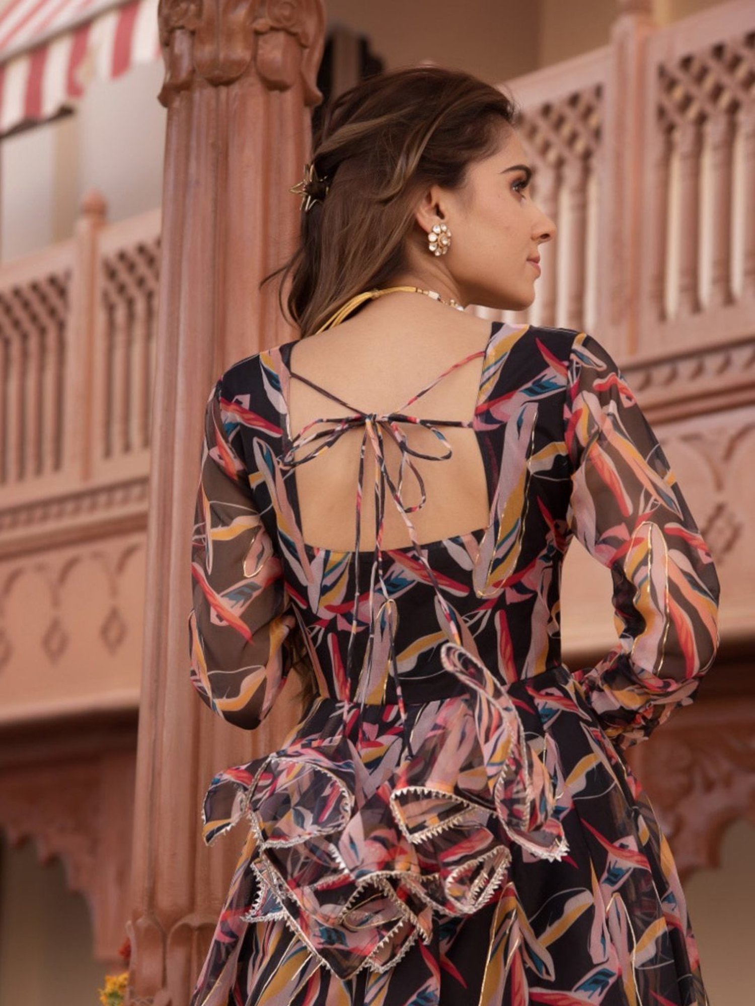 Calmna Black And Gold Organza Anarkali Suit Set