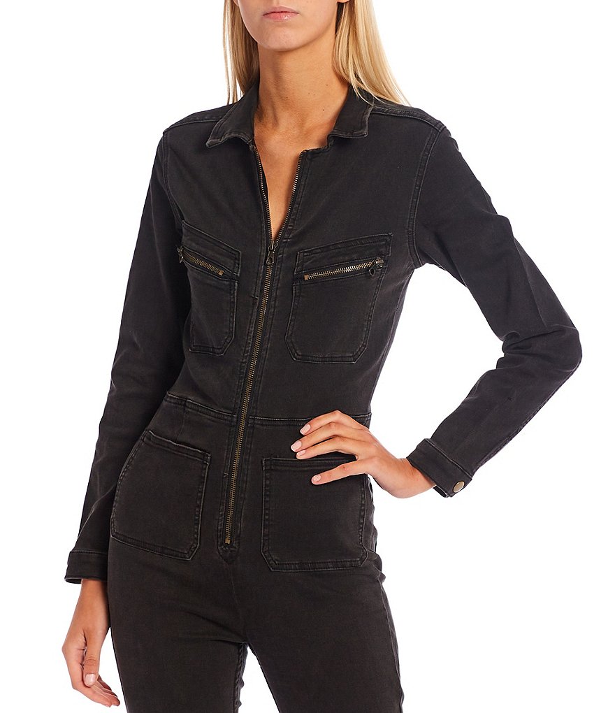 Free People Lennox Zipper Front Stretch Point Collar Long Sleeve Denim Jumpsuit