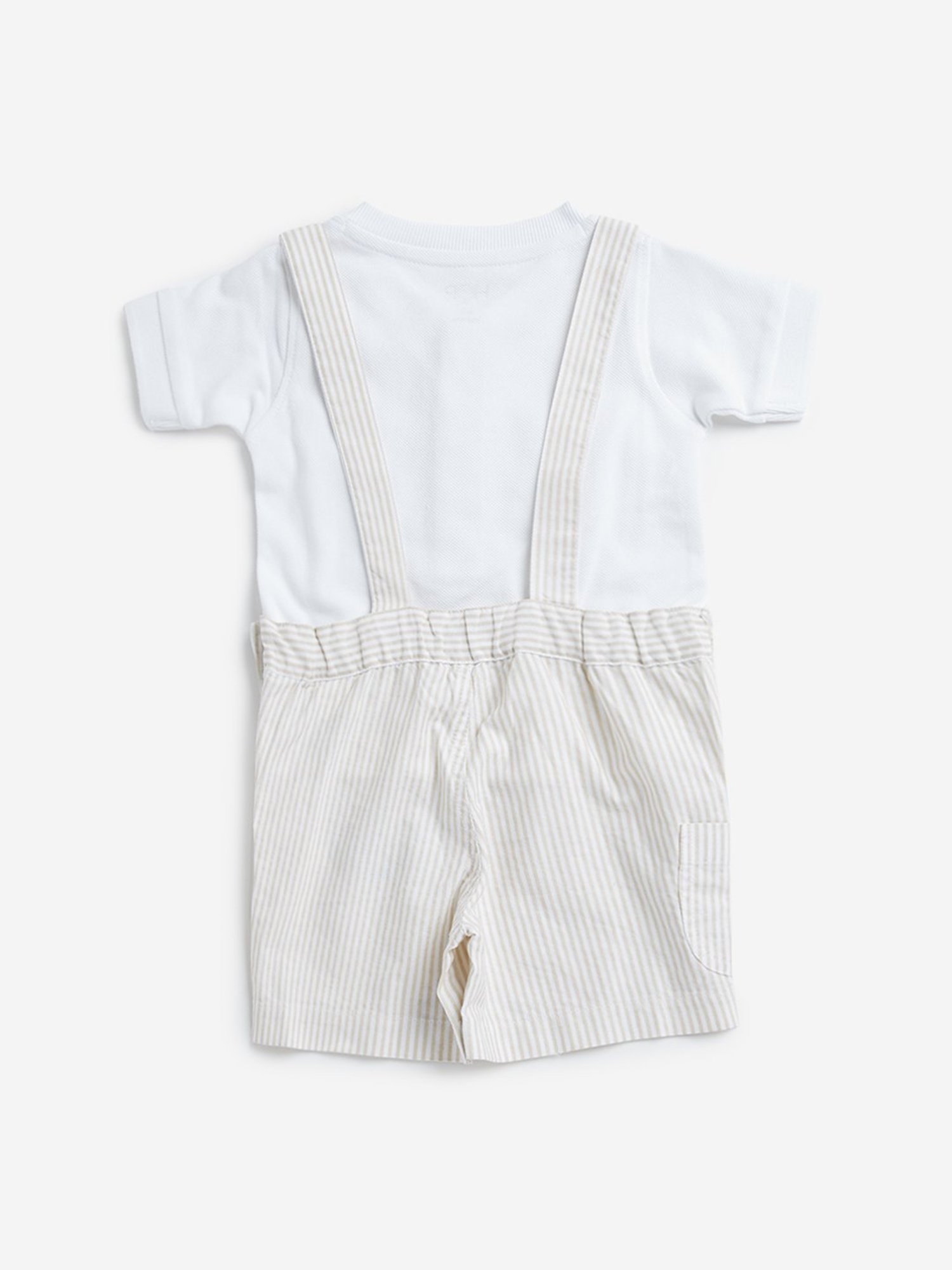 HOP Baby by Westside Beige Striped Dungaree with T-Shirt Set