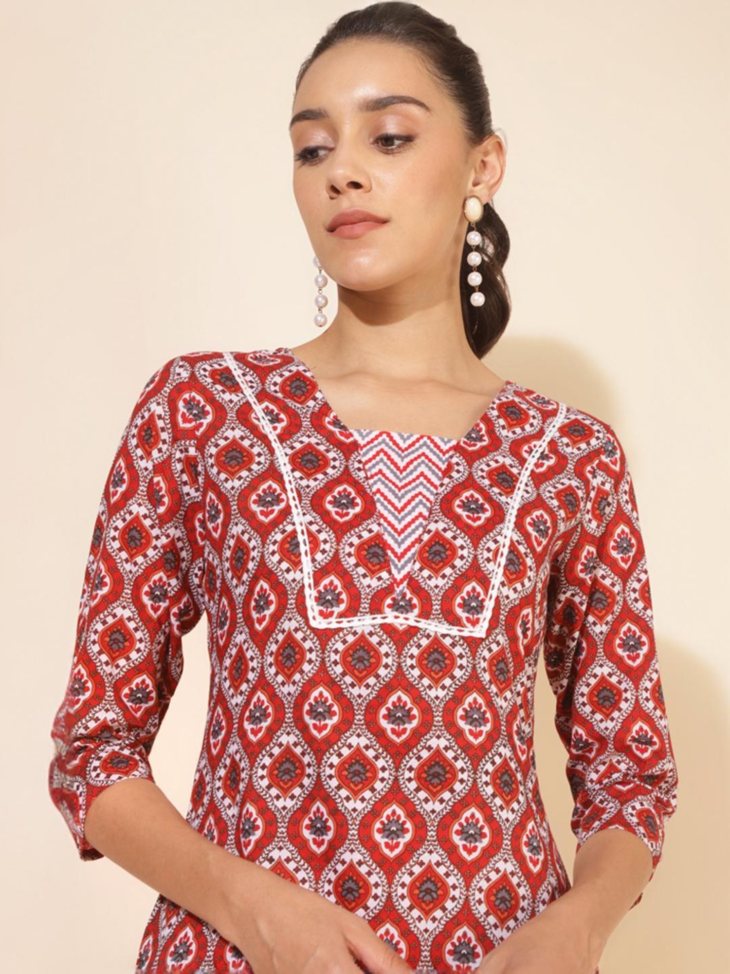 Janasya Red Cotton Printed Kurta Pant Set