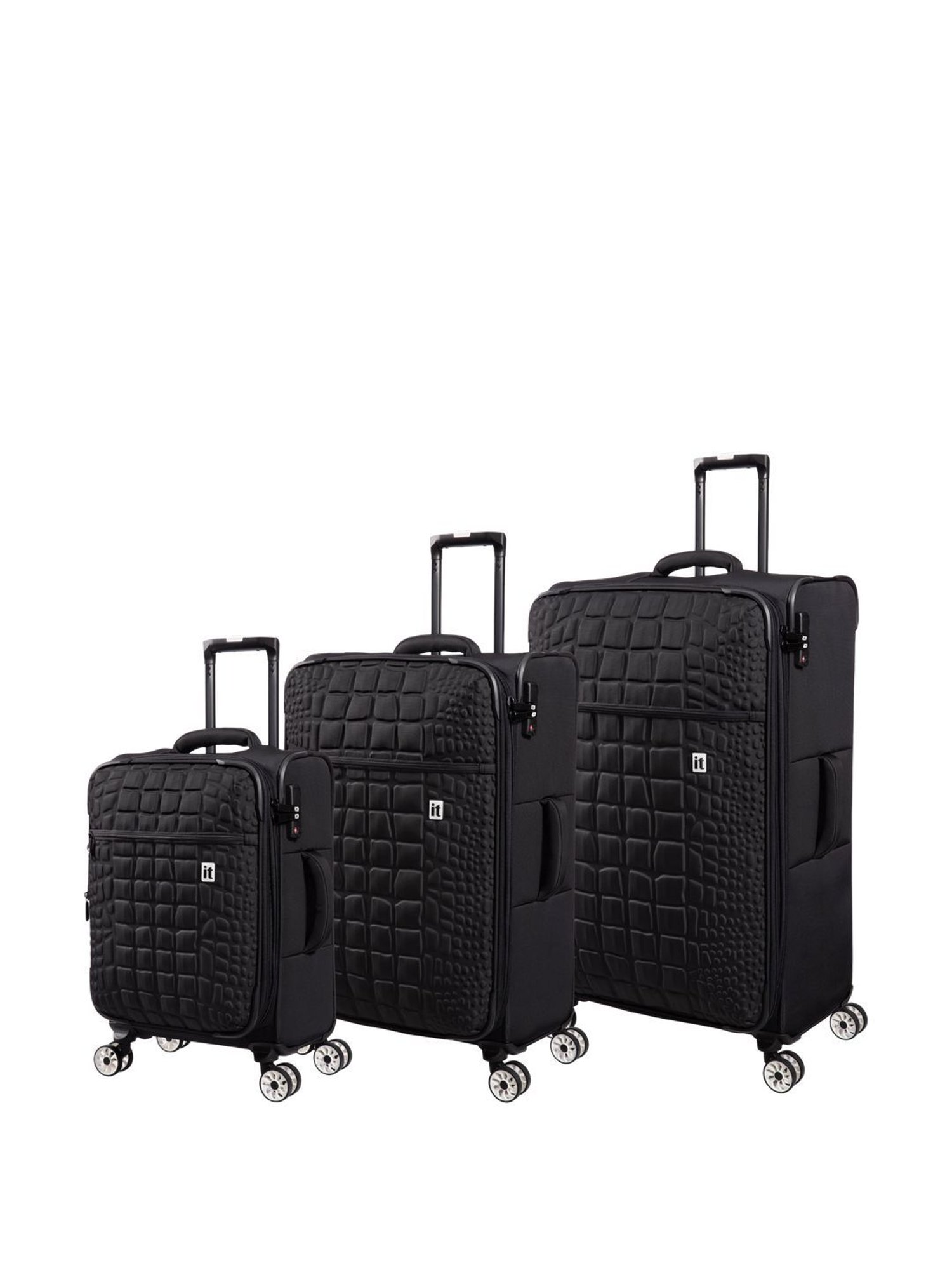 it luggage Reptilian Black 8 Wheels Large Soft Cabin Trolley Bag set of 3