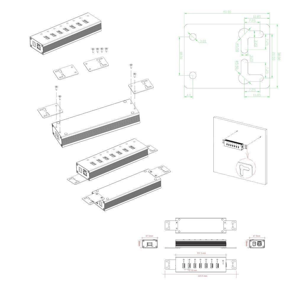 Vantec 7-Port USB 3.0 Hub, Aluminum, Full Powered, Mountable, with All Ports Data & Charging Up to 1.5A, BC 1.2, Premium 12V/3A, 36W Power Adapter (UGT-AH710U3-BK)