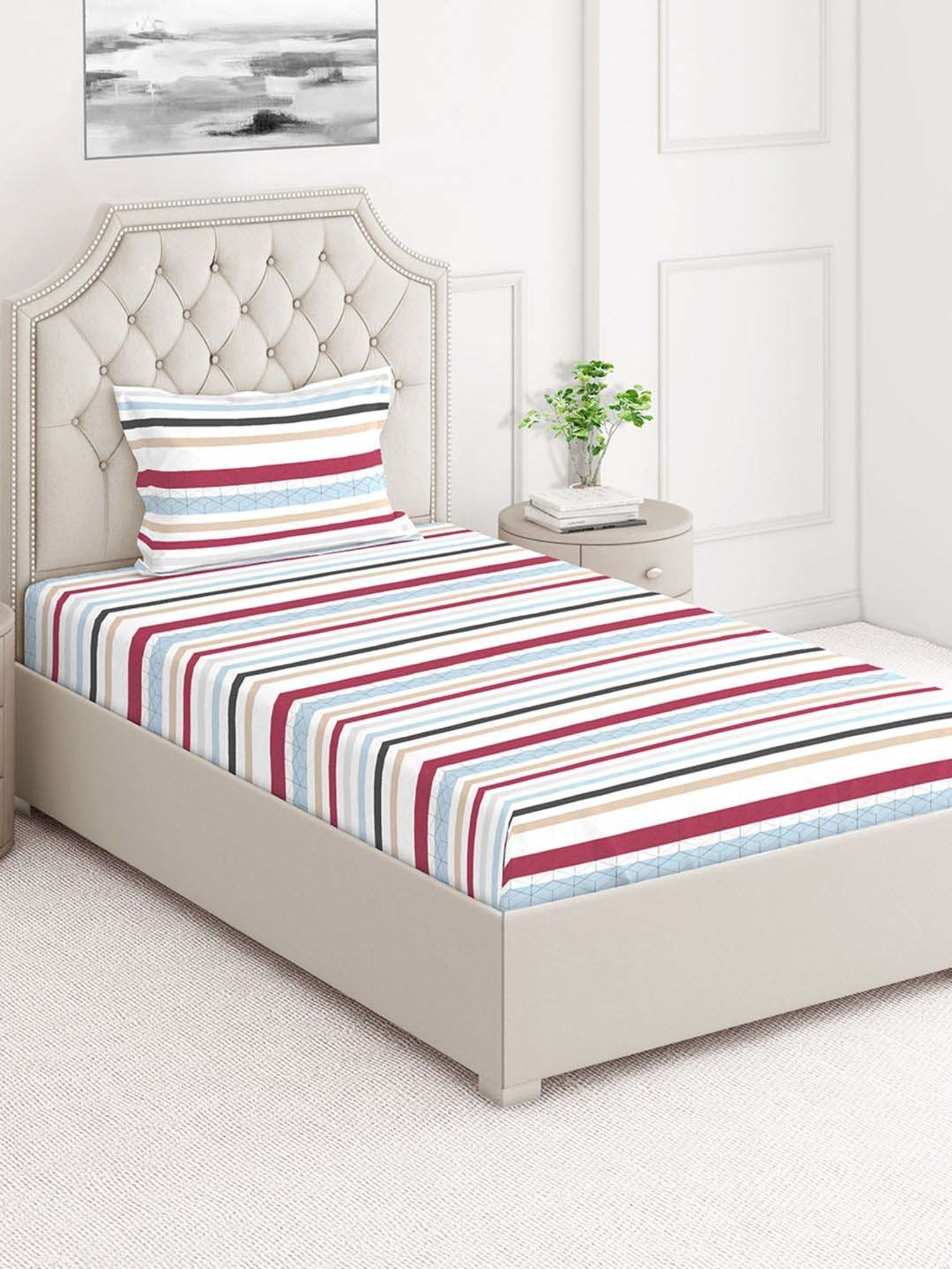 Layers Cotton Plus Multicolor Cotton Blend 120 TC Single Size Bed Sheet with Pillow Cover