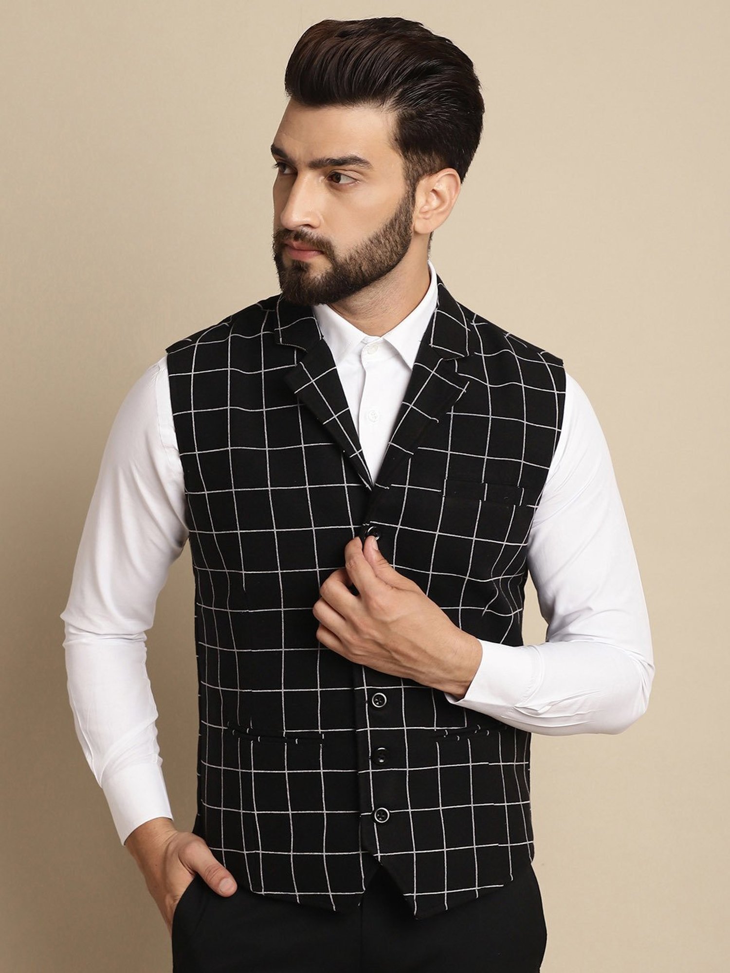 Even Black Regular Fit Notch Lapel Check Waistcoat