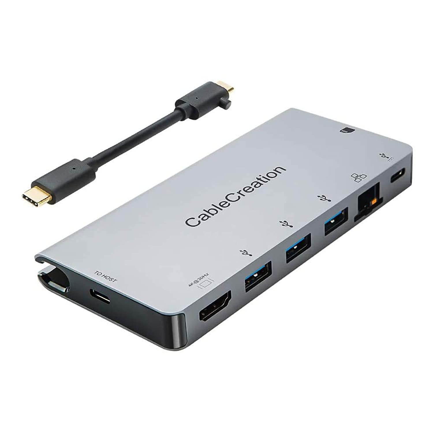 USB C Multiport Adapter, CableCreation USB Type C (Compatible Thunderbolt 3) to HDMI 4K + USB 3.0 + Gigabit Ethernet + SD/Micro SD + PD Charging Dock Hub, Space Gray