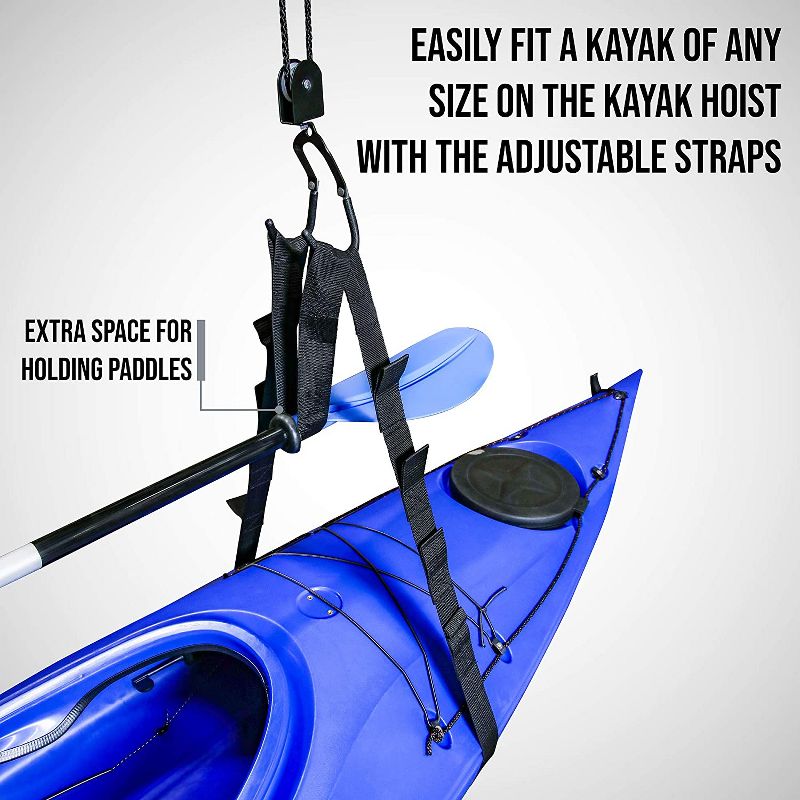 RaxGo Ceiling Garage Storage Hoist System | Pack of 2 Overhead Rack Lifts for Hanging Kayaks, Bicycles, Tools & Other Large Items | Heavy-Duty Bracket Pulley, Ropes & Hardware | Total 121 Lb. Capacity