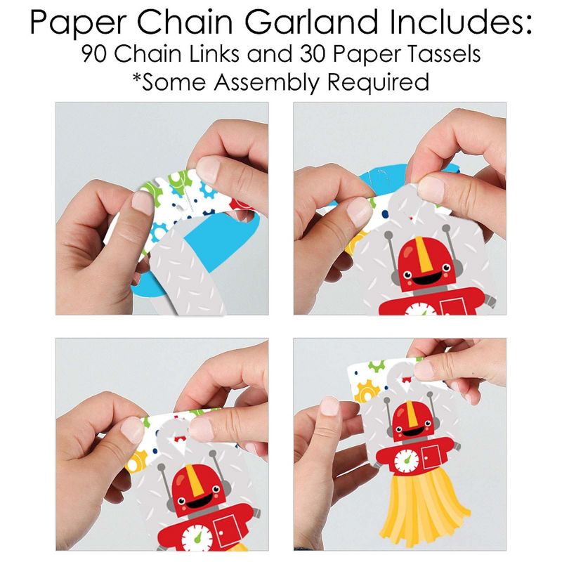 Big Dot of Happiness Gear Up Robots - 90 Chain Links & 30 Paper Tassels Decoration Kit - Birthday Party or Baby Shower Paper Chains Garland - 21 feet