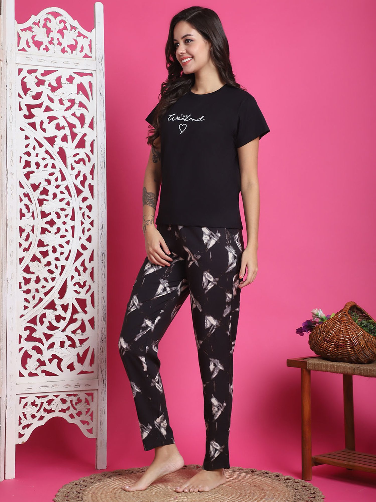 Boston Club Black Printed Top With Pyjamas