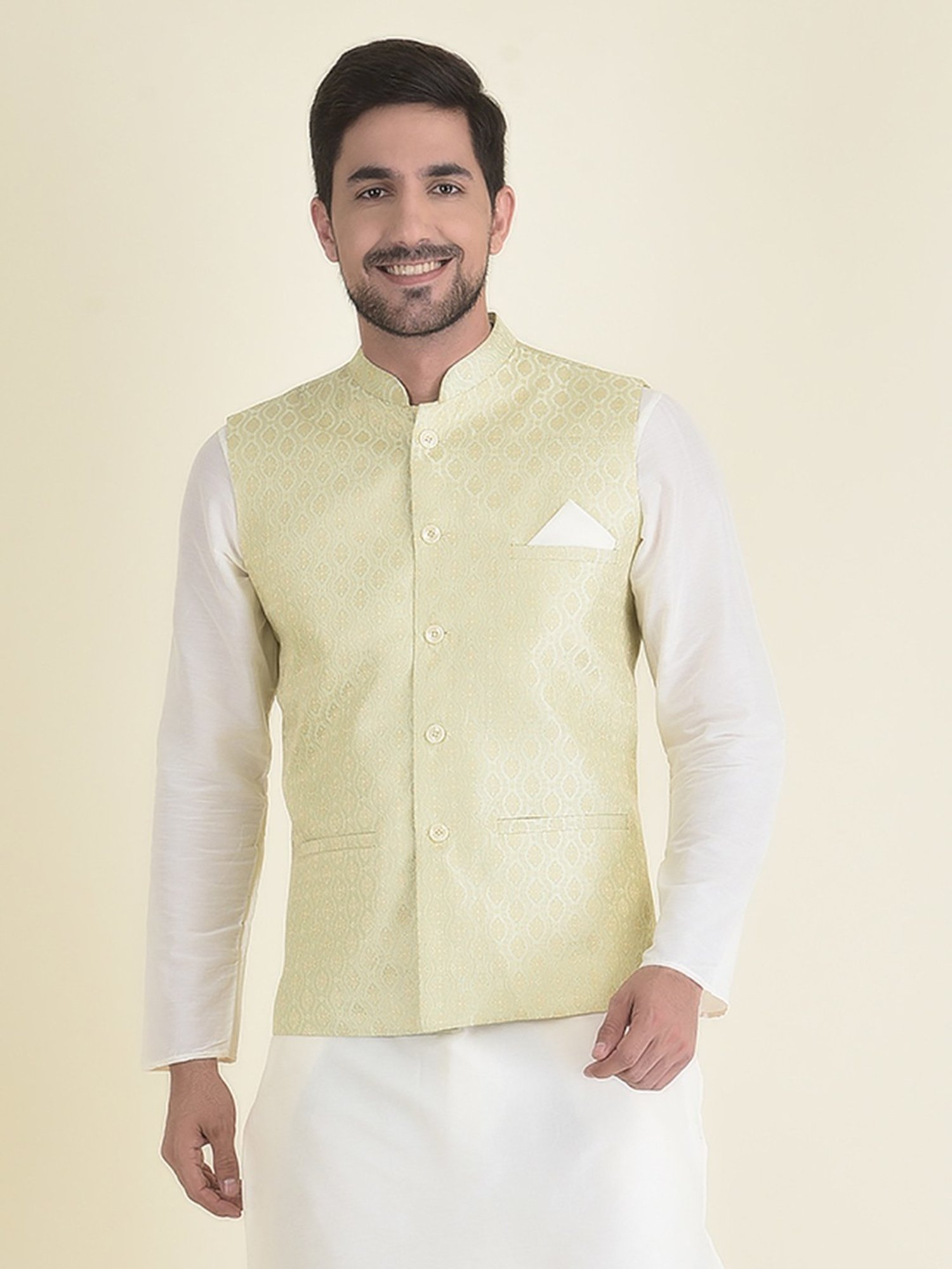 Deyann Off White & Cream Cotton Regular Fit Embroidered Kurta Set With Jacket