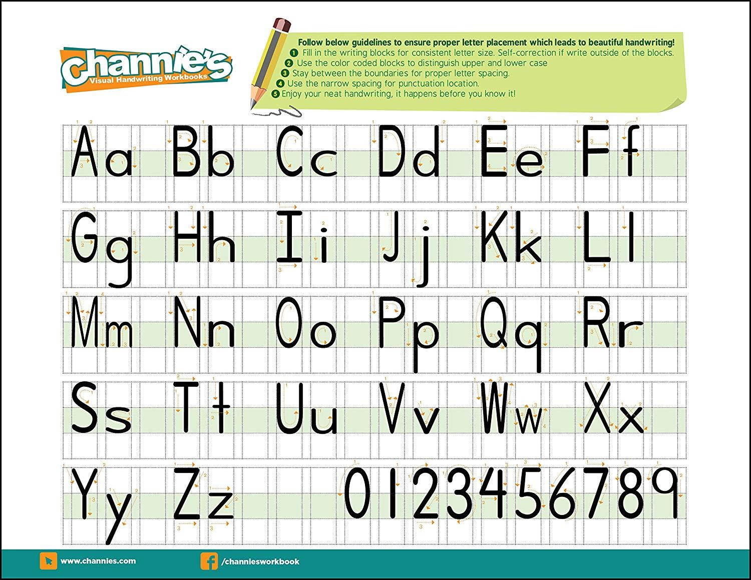 Channie&rsquo;s My First Letters, Easy to Trace, Write, Color, and Learn Alphabet Practice Handwriting & Printing Workbook, 80 Pages Front & Back, 40 Sheets, Grades PreK - 1st, Size 8.5  x 11
