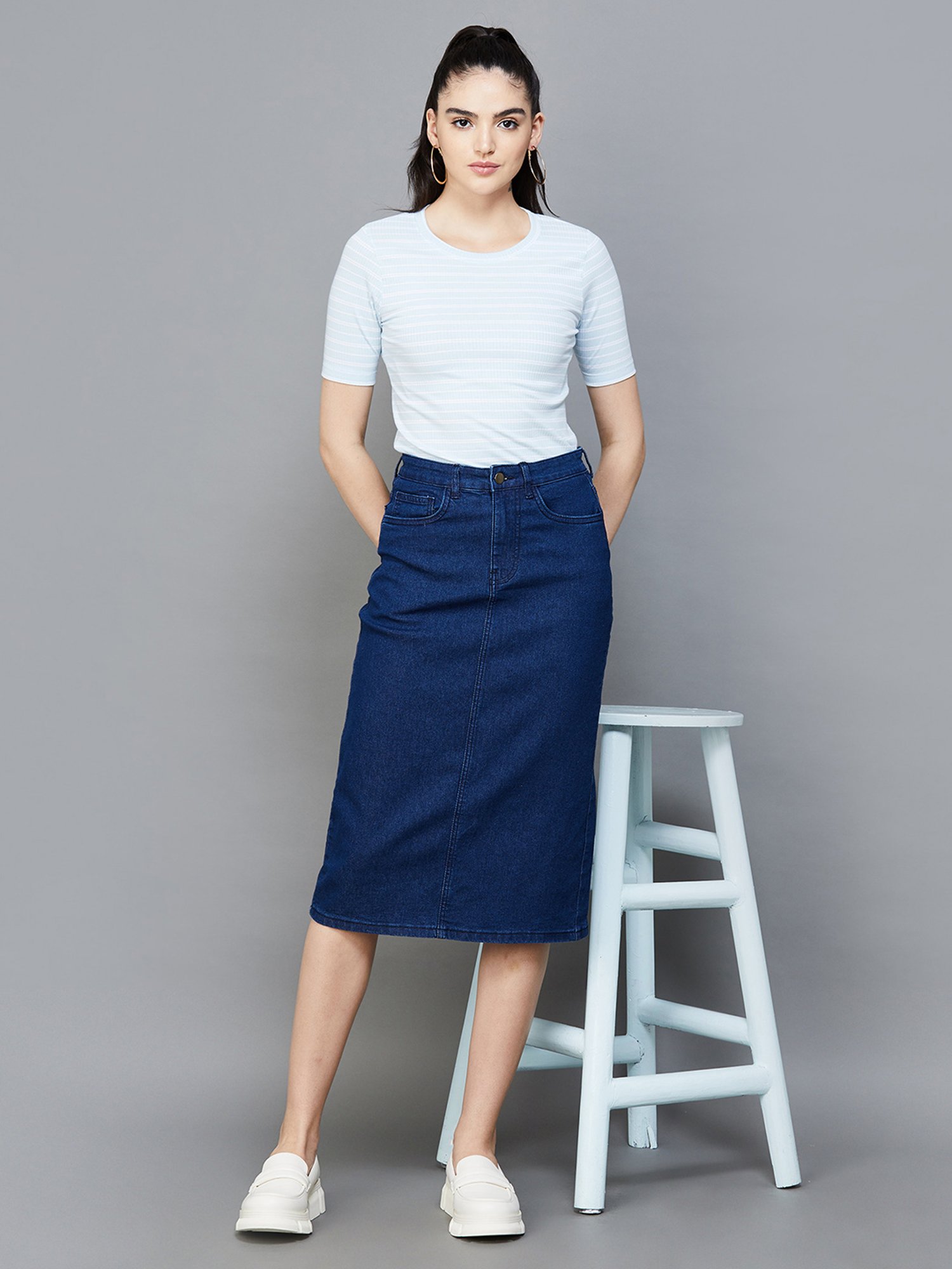 Code by Lifestyle Blue Cotton Midi Skirt