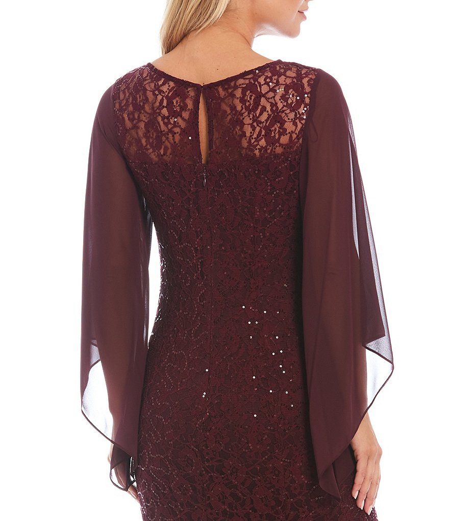 Ignite Evenings Round Illusion Neck 3/4 Sleeve Capelet Overlay Sleeve Sequin Lace Mermaid Gown