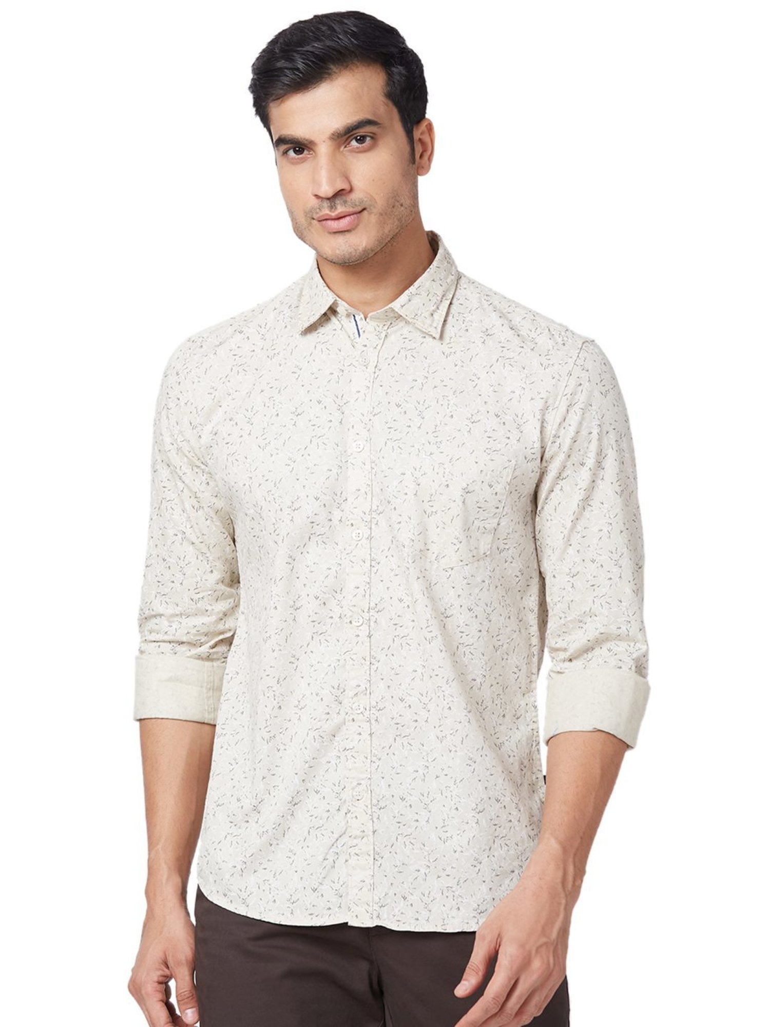 Parx Beige Cotton Classic Fit Printed Shirts