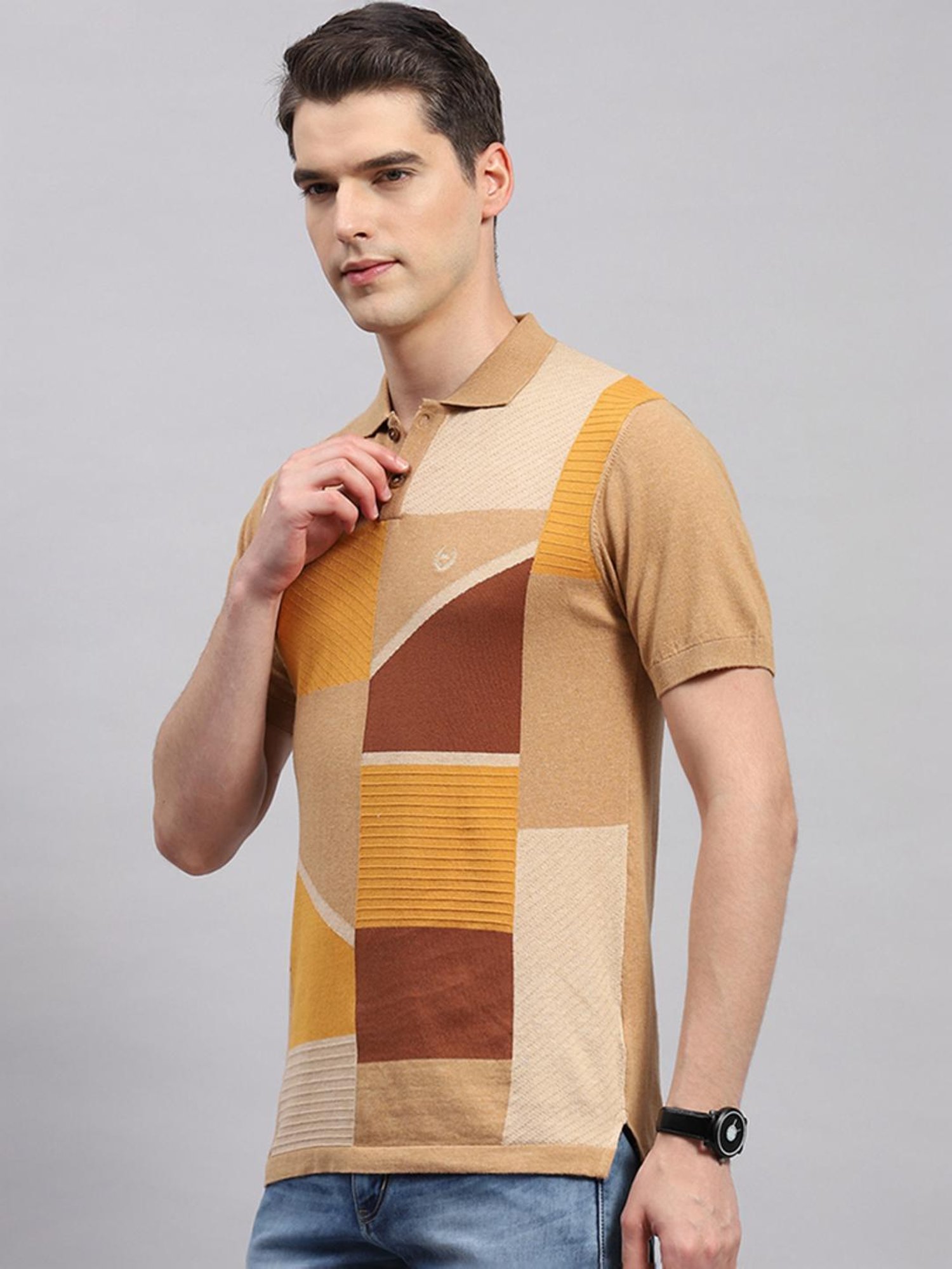 Monte Carlo Camel Cotton Regular Fit Printed Polo T-Shirt