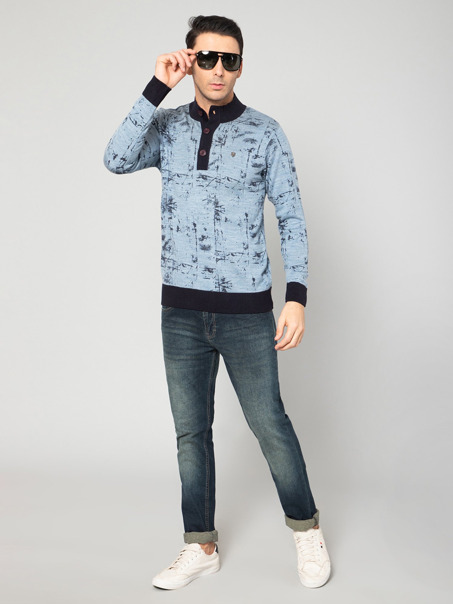Cantabil Sky Blue Regular Fit Printed Sweater