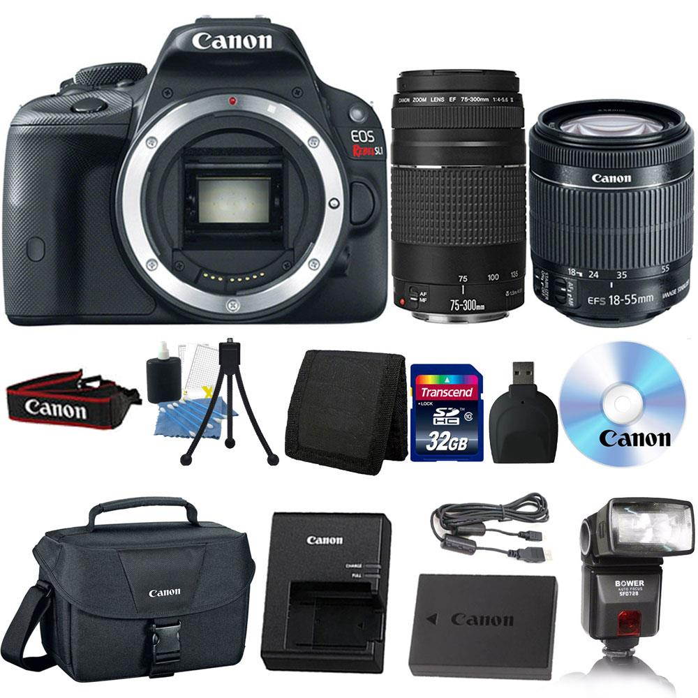 Bower SFD728C E-TTL EOS Flash for Canon + 58mm 3pc Filter Kit + Macro Kit + Wide Angle & Telephoto Lens + 32GB Memory Card  +  DSLR Backpack + Cleaning Kit + Large Tripod + Small Tripod