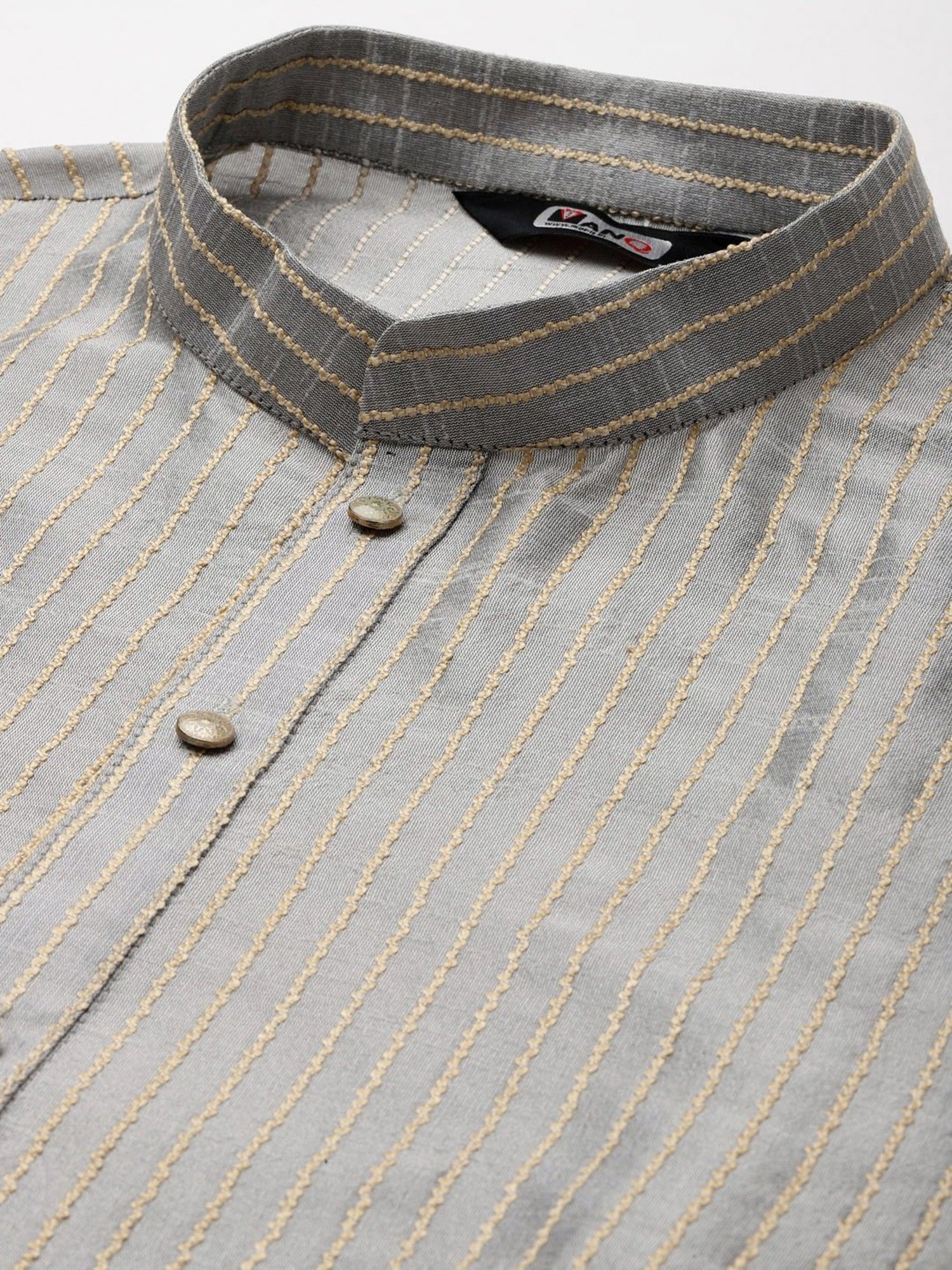 ManQ Grey Regular Fit Striped Ethnic Wear