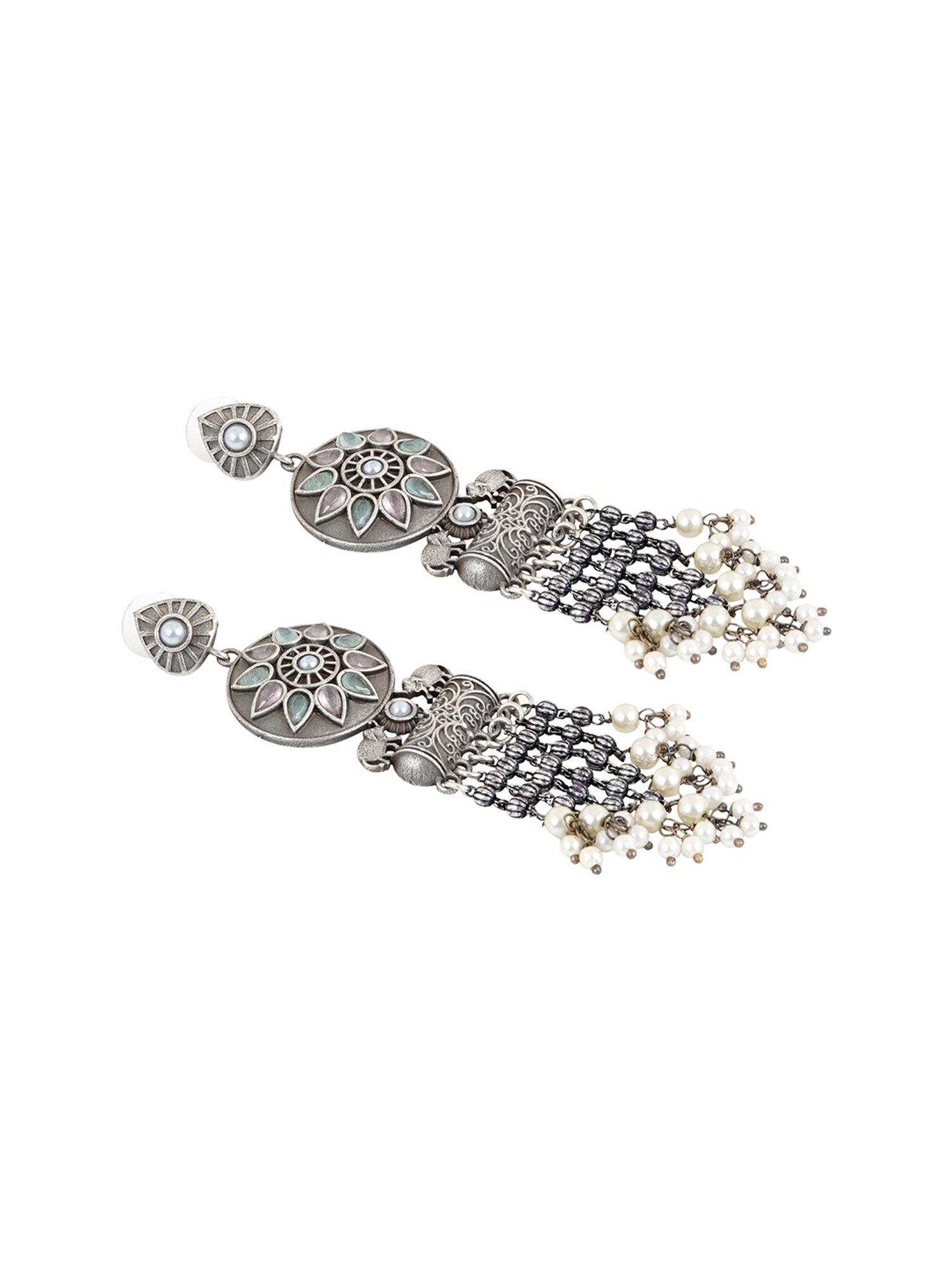 Teejh Ethnic Gahez Multi-colored Silver Oxidized Dangler Earrings