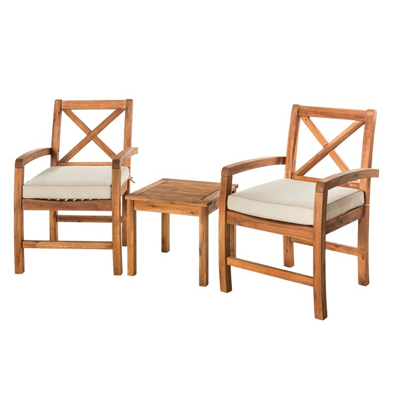 3pc Acacia Wood Patio Chairs and Side Table with Cross Design Brown - Saracina Home
