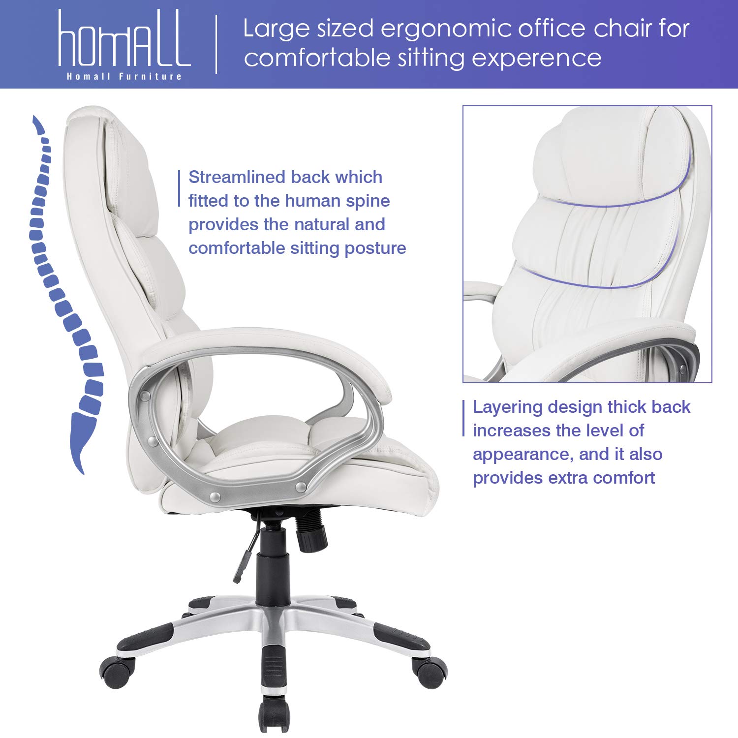 Homall Office Chair High Back Computer Chair Ergonomic Desk Chair, PU Leather Adjustable Height Modern Executive Swivel Task Chair with Padded Armrests and Lumbar Support (White)