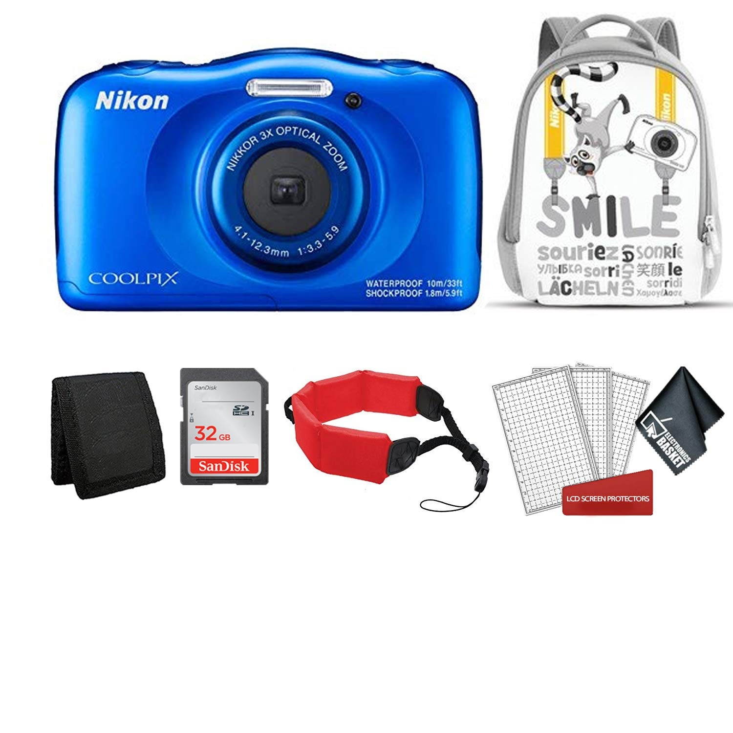 Nikon Coolpix W150 Kid-Friendly Rugged Waterproof Digital Camera (Blue) Bundle with White Backpack + 32GB SanDisk Memory Card + More (Intl Model)