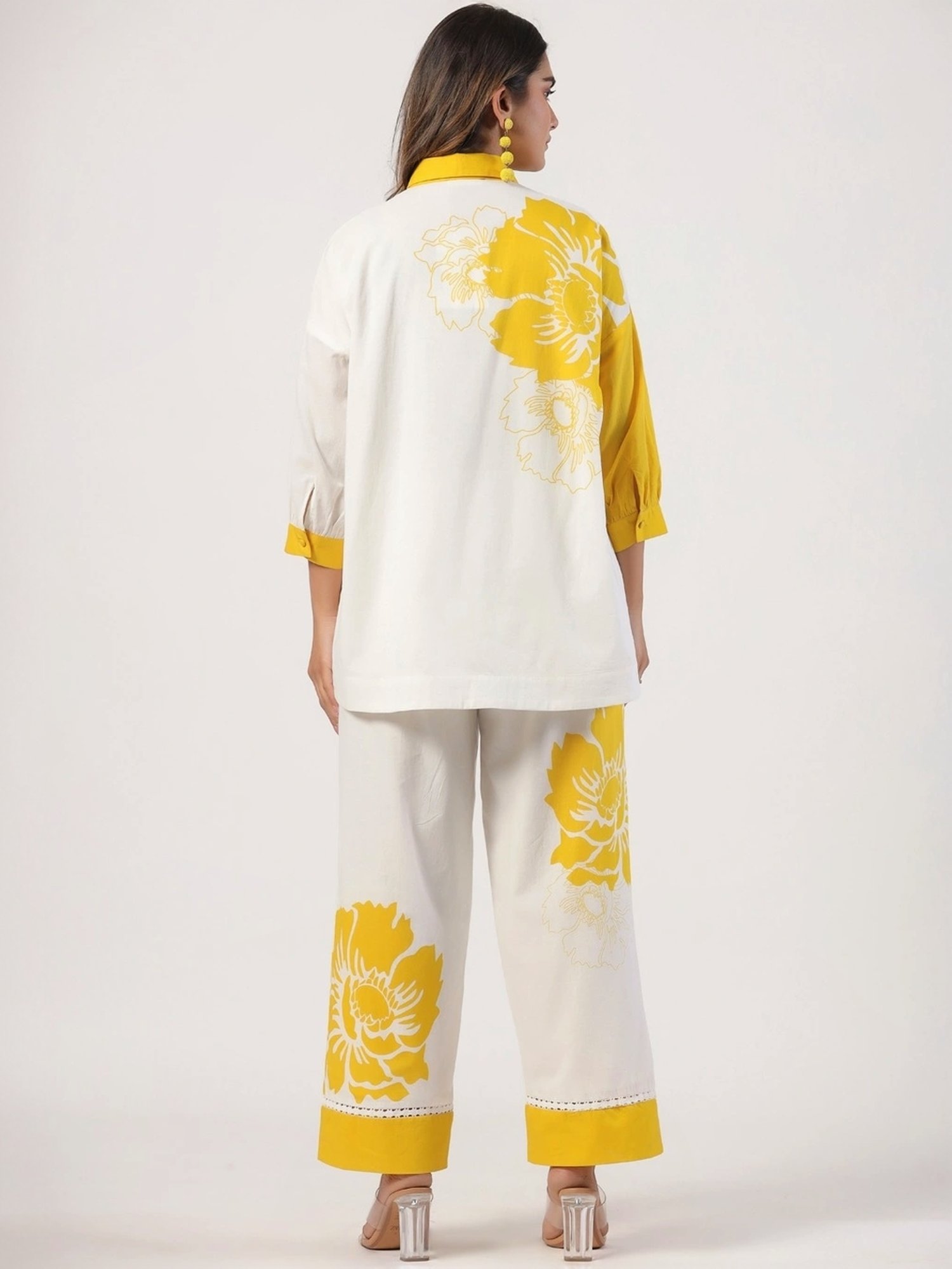Zolo Label White Cotton Floral Print Shirt Palazzo Set