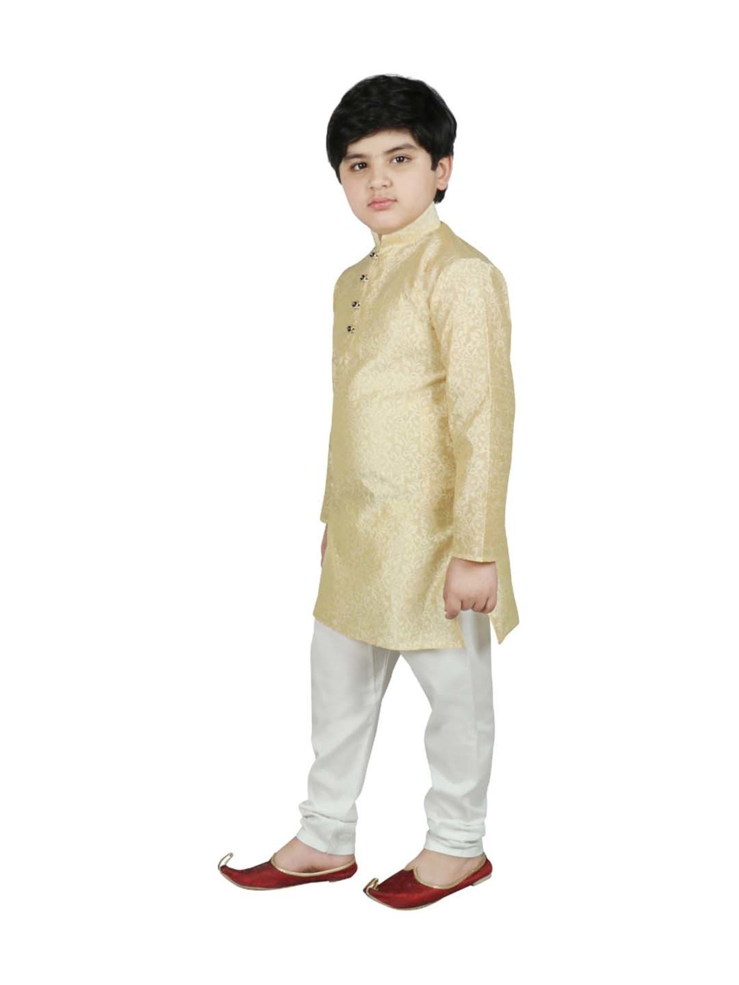 SG Yuvraj Kids Beige & White Self Full Sleeves Kurta Set
