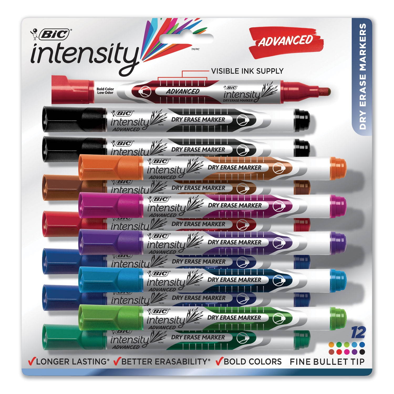 BIC GELIPP121-AST Low Odor And Bold Writing Pen Style Dry Erase Marker, Bullet Tip, Assorted, 12