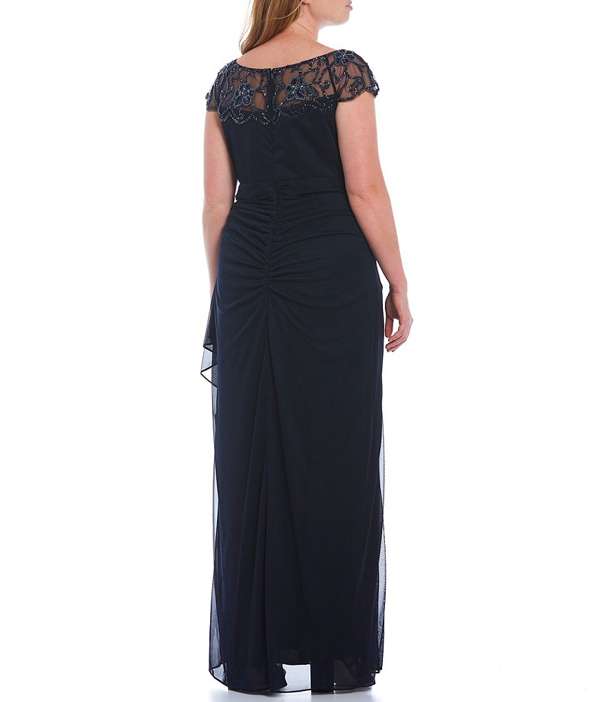 Xscape Plus Size Beaded Cap Sleeve Illusion Crew Neck Ruched Gown