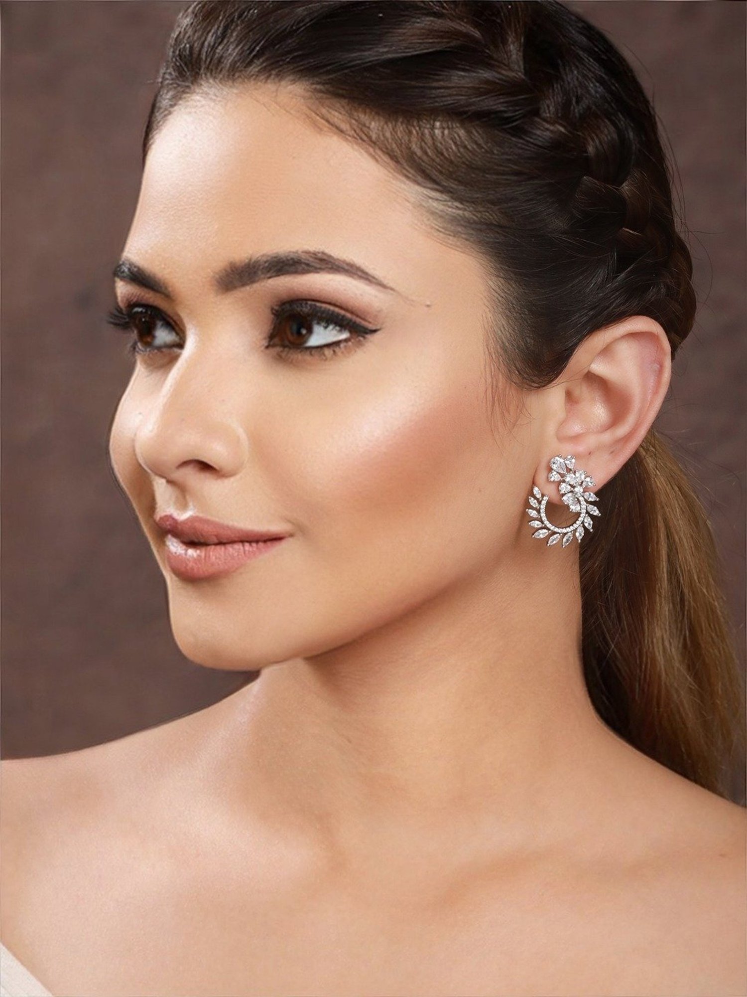 Saraf RS Jewellery Silver Toned CZ Studded Hoop Studs earrings